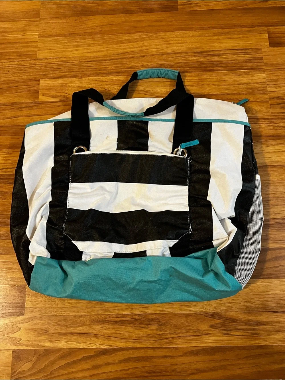 Black & White Stripe Tote with Teal Accent - Women's Bag